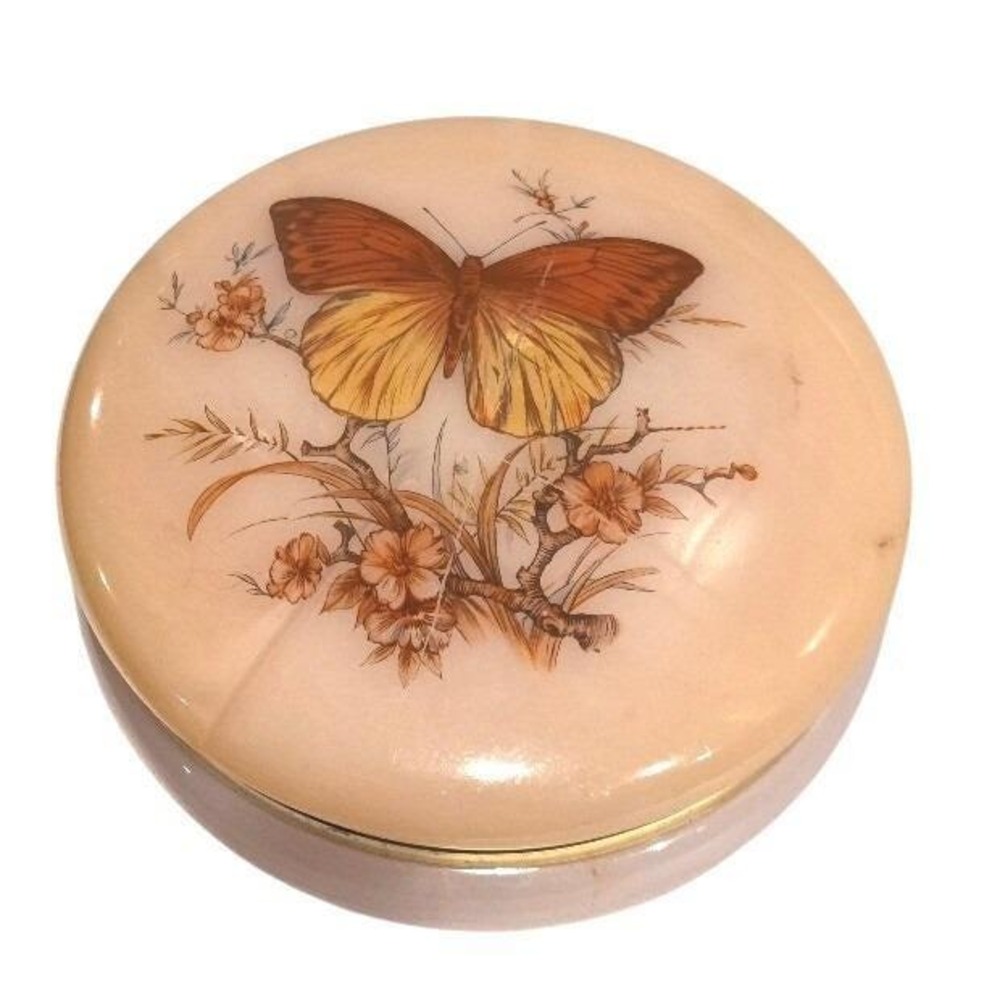 Vintage Italian Alabaster Butterfly‎ Trinket Box Jewelry Keepsake Round 5"